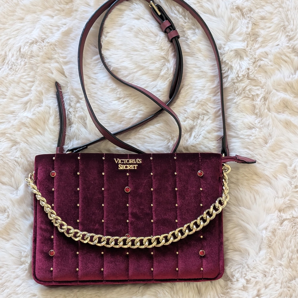 Victoria's Secret Burgundy Velvet Bag with Gold Chain